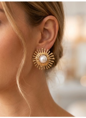 Soleil Gold – Çift Güneş Figürlü Gold Çelik Sallantılı Küpe