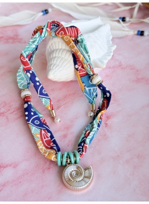 Marina Renkli Kumaş & Deniz Kabuğu Detaylı Bohem Kolye