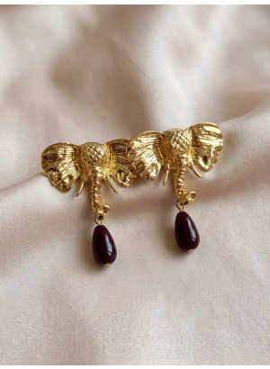 Golden Elephant – Siyah Damla Taş Detaylı Fil Figürlü Gold Küpe